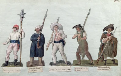 Ein Sansculotte mit seiner Pike, ein Fuhrmann, ein Marktträger, ein Schuster und ein Zimmermann